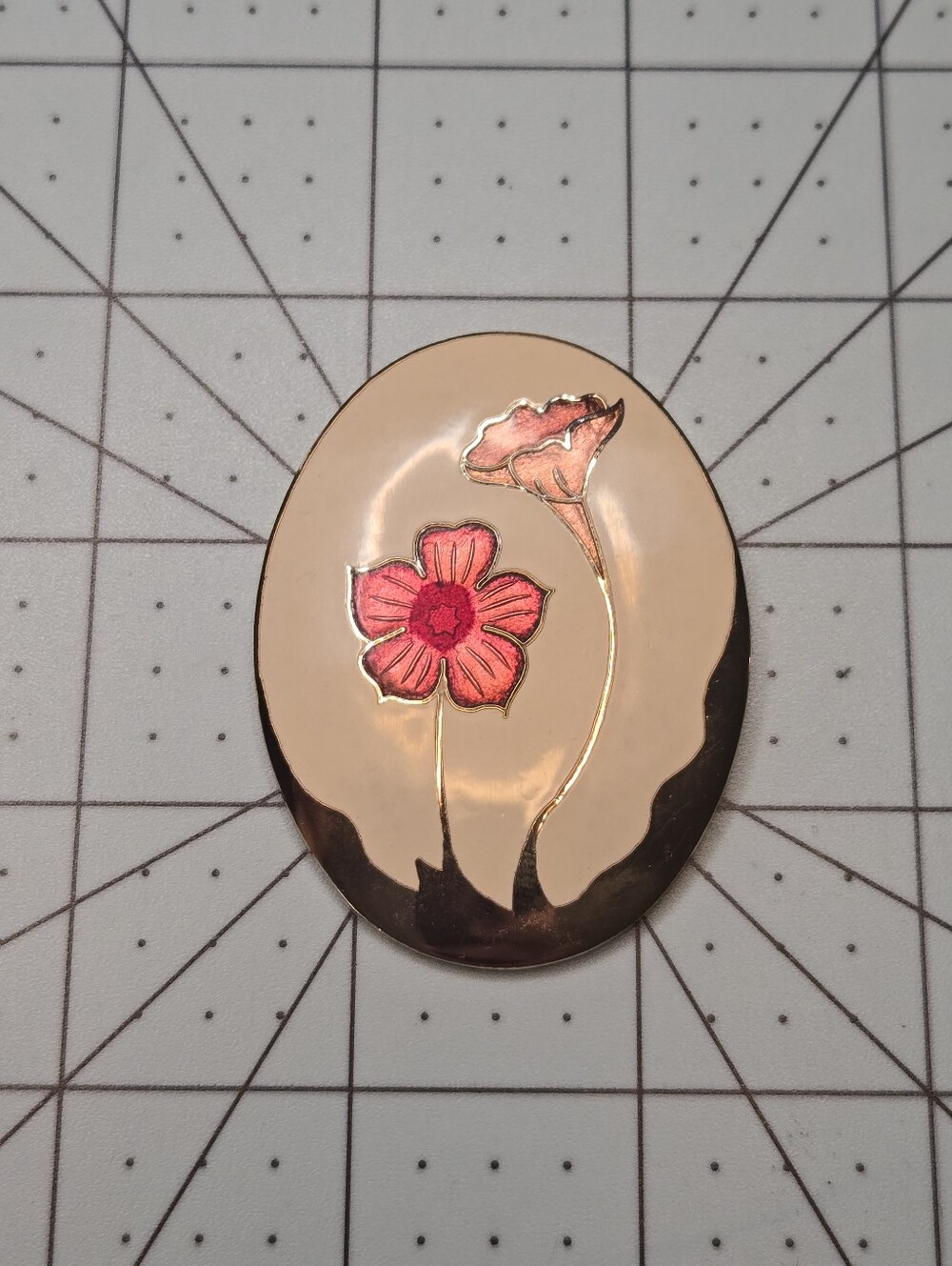 VTG Cloisonne Enamelled Floral Brooch Fish & Crown Gold Tone Art Noveau Inspired
